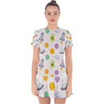 Seamless Pattern Cartoon Space Planets Isolated White Background Drop Hem Mini Chiffon Dress