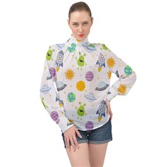 Seamless Pattern Cartoon Space Planets Isolated White Background High Neck Long Sleeve Chiffon Top by Vaneshart