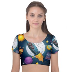 Spaceship Astronaut Space Velvet Short Sleeve Crop Top  by Vaneshart