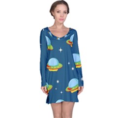 Seamless Pattern Ufo With Star Space Galaxy Background Long Sleeve Nightdress by Vaneshart