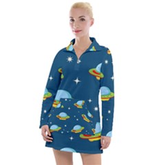 Seamless Pattern Ufo With Star Space Galaxy Background Women s Long Sleeve Casual Dress by Vaneshart