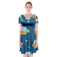 Seamless Pattern Ufo With Star Space Galaxy Background Short Sleeve V-neck Flare Dress by Vaneshart