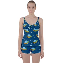 Seamless Pattern Ufo With Star Space Galaxy Background Tie Front Two Piece Tankini by Vaneshart