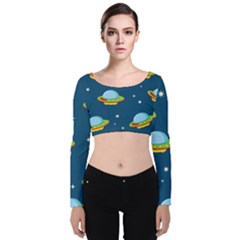 Seamless Pattern Ufo With Star Space Galaxy Background Velvet Long Sleeve Crop Top by Vaneshart