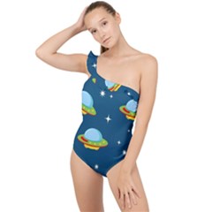 Seamless Pattern Ufo With Star Space Galaxy Background Frilly One Shoulder Swimsuit by Vaneshart