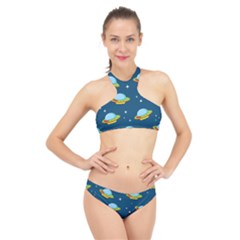 Seamless Pattern Ufo With Star Space Galaxy Background High Neck Bikini Set by Vaneshart