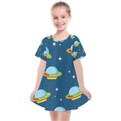 Seamless Pattern Ufo With Star Space Galaxy Background Kids  Smock Dress by Vaneshart