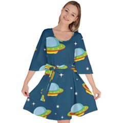 Seamless Pattern Ufo With Star Space Galaxy Background Velour Kimono Dress by Vaneshart