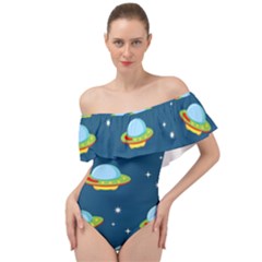 Seamless Pattern Ufo With Star Space Galaxy Background Off Shoulder Velour Bodysuit  by Vaneshart