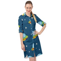 Seamless Pattern Ufo With Star Space Galaxy Background Long Sleeve Mini Shirt Dress by Vaneshart