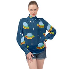 Seamless Pattern Ufo With Star Space Galaxy Background High Neck Long Sleeve Chiffon Top by Vaneshart