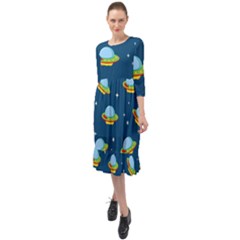 Seamless Pattern Ufo With Star Space Galaxy Background Ruffle End Midi Chiffon Dress by Vaneshart