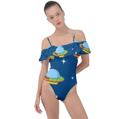 Seamless Pattern Ufo With Star Space Galaxy Background Frill Detail One Piece Swimsuit by Vaneshart