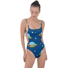 Seamless Pattern Ufo With Star Space Galaxy Background Tie Strap One Piece Swimsuit by Vaneshart