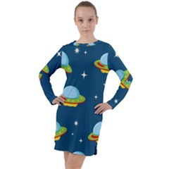 Seamless Pattern Ufo With Star Space Galaxy Background Long Sleeve Hoodie Dress by Vaneshart