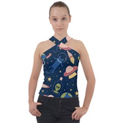 Seamless Pattern With Funny Aliens Cat Galaxy Cross Neck Velour Top by Vaneshart