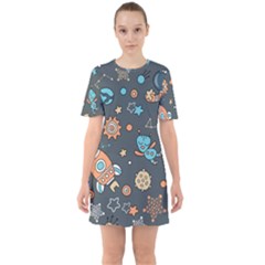Space Seamless Pattern Sixties Short Sleeve Mini Dress by Vaneshart