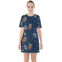 Monster Alien Pattern Seamless Background Sixties Short Sleeve Mini Dress by Vaneshart