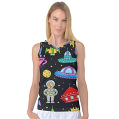 Seamless Pattern With Space Objects Ufo Rockets Aliens Hand Drawn Elements Space Women s Basketball Tank Top by Vaneshart