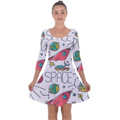 Space Cosmos Seamless Pattern Seamless Pattern Doodle Style Quarter Sleeve Skater Dress by Vaneshart