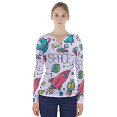 Space Cosmos Seamless Pattern Seamless Pattern Doodle Style V-neck Long Sleeve Top by Vaneshart