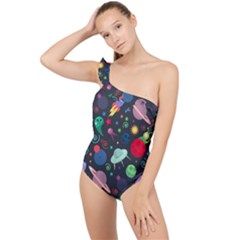 Cosmos Ufo Concept Seamless Pattern Frilly One Shoulder Swimsuit by Vaneshart