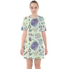 Hand Drawn Pattern School Sixties Short Sleeve Mini Dress by Vaneshart