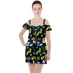 Seamless Brazilian Carnival Pattern With Musical Instruments Ruffle Cut Out Chiffon Playsuit by Vaneshart