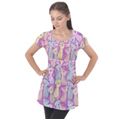 Colorful Cute Cat Seamless Pattern Purple Background Puff Sleeve Tunic Top by Vaneshart