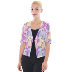 Colorful Cute Cat Seamless Pattern Purple Background Cropped Button Cardigan by Vaneshart