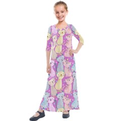 Colorful Cute Cat Seamless Pattern Purple Background Kids  Quarter Sleeve Maxi Dress by Vaneshart