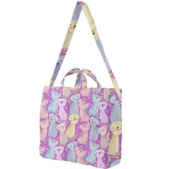 Colorful Cute Cat Seamless Pattern Purple Background Square Shoulder Tote Bag by Vaneshart