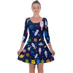 Big Set Cute Astronauts Space Planets Stars Aliens Rockets Ufo Constellations Satellite Moon Rover V Quarter Sleeve Skater Dress by Vaneshart