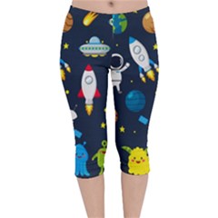 Big Set Cute Astronauts Space Planets Stars Aliens Rockets Ufo Constellations Satellite Moon Rover V Velvet Capri Leggings  by Vaneshart