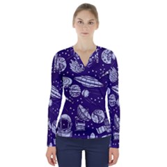 Space Sketch Seamless Pattern V-neck Long Sleeve Top by Vaneshart