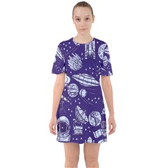 Space Sketch Seamless Pattern Sixties Short Sleeve Mini Dress by Vaneshart
