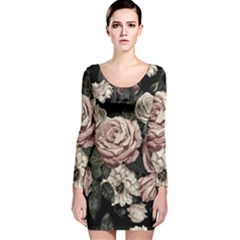 Elegant Seamless Pattern Blush Toned Rustic Flowers Long Sleeve Velvet Bodycon Dress