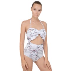 Cat With Bow Pattern Scallop Top Cut Out Swimsuit by Vaneshart