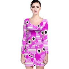 Pink Owl Pattern Background Long Sleeve Velvet Bodycon Dress by Vaneshart