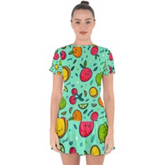 Various Fruits With Faces Seamless Pattern Drop Hem Mini Chiffon Dress