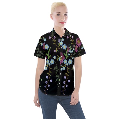 Embroidery Trend Floral Pattern Small Branches Herb Rose Women s Short Sleeve Pocket Shirt by Vaneshart