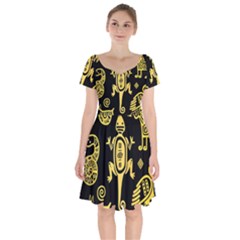 Mexican Culture Golden Tribal Icons Short Sleeve Bardot Dress by Vaneshart