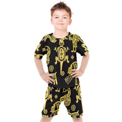 Mexican Culture Golden Tribal Icons Kids  Tee And Shorts Set by Vaneshart