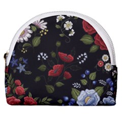 Floral Folk Fashion Ornamental Embroidery Pattern Horseshoe Style Canvas Pouch by Vaneshart