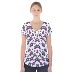 Sakura Blossoms On White Color Short Sleeve Front Detail Top by pepitasart