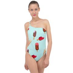 Ice Cream Pattern, Light Blue Background Classic One Shoulder Swimsuit by Casemiro