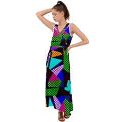 Trippy Blocks, Dotted Geometric Pattern V-neck Chiffon Maxi Dress