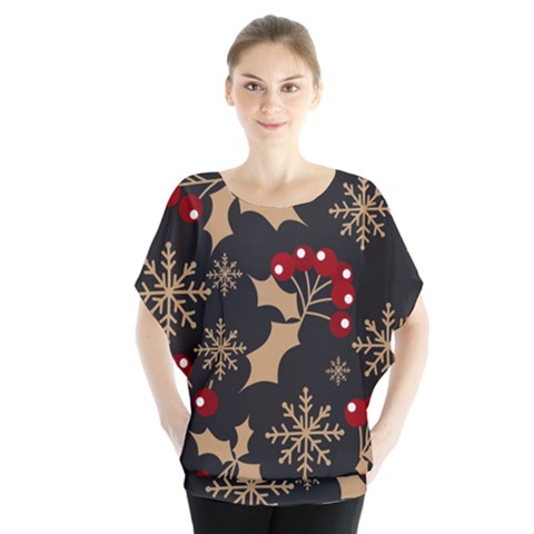 Christmas Pattern With Snowflakes Berries Batwing Chiffon Blouse by Vaneshart