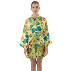 Seamless Pattern With Cute Dinosaurs Character Long Sleeve Satin Kimono by Vaneshart