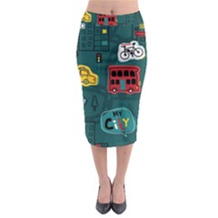 Seamless-pattern-hand-drawn-with-vehicles-buildings-road Midi Pencil Skirt by Vaneshart